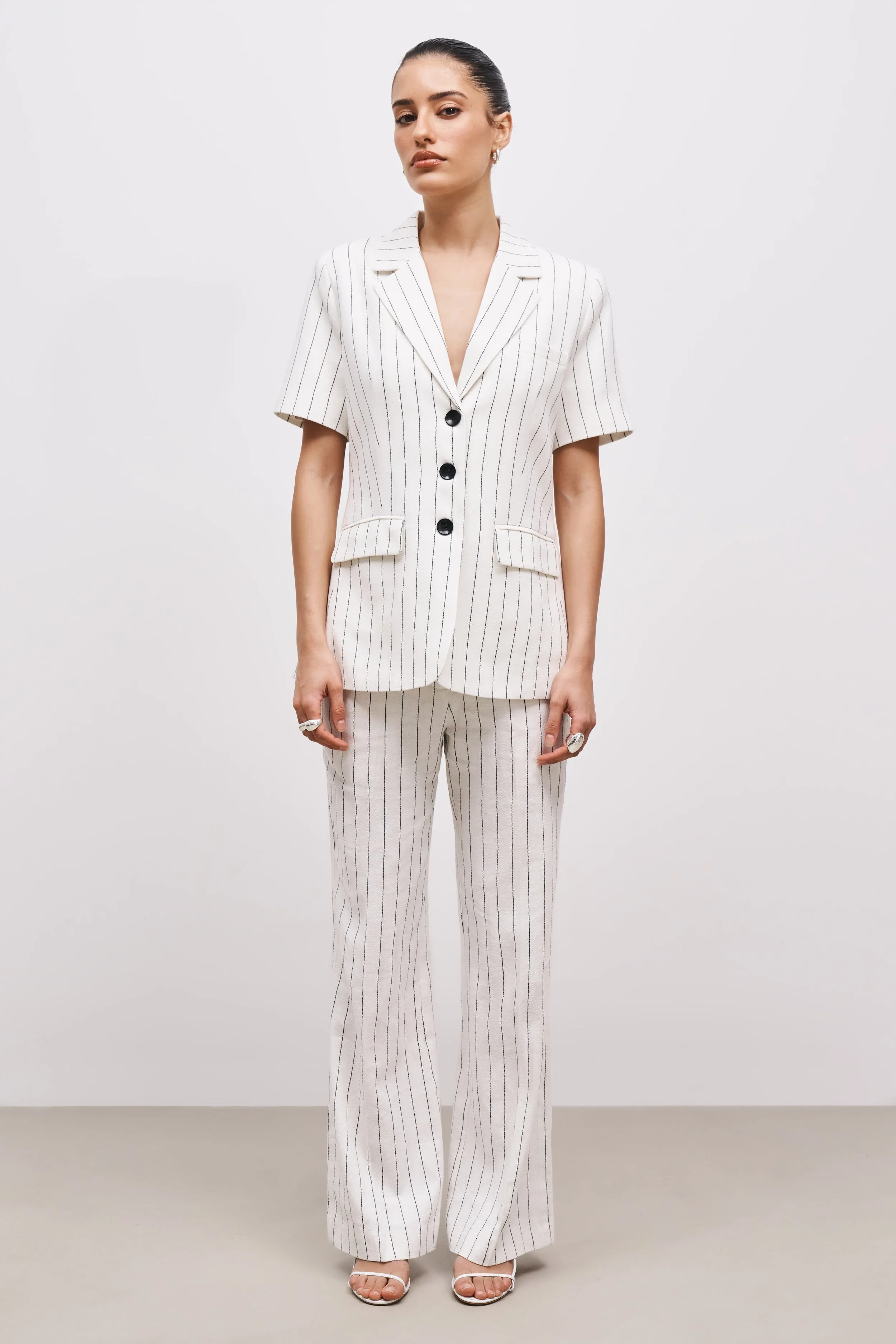Tailored Linen Trousers - Cream/Black