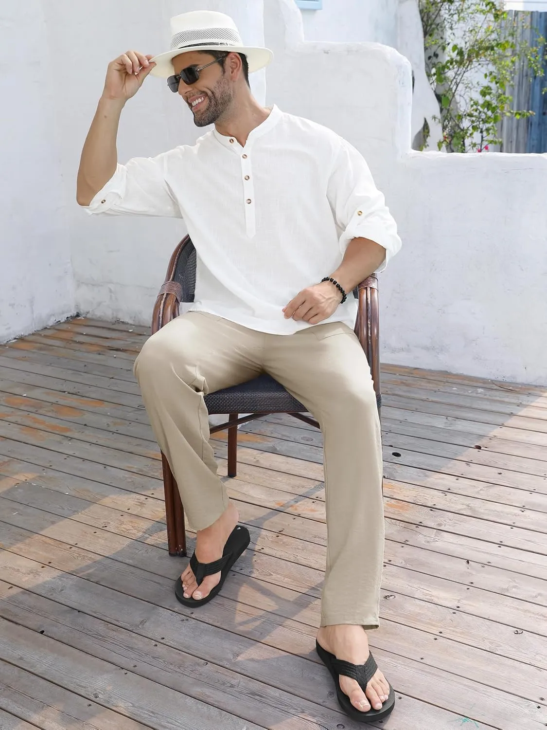 Tall Mens Casual Linen Pants 31/33/35/37 Inseam Summer Beach Slacks Elastic Waist Straight Leg Loose Fit