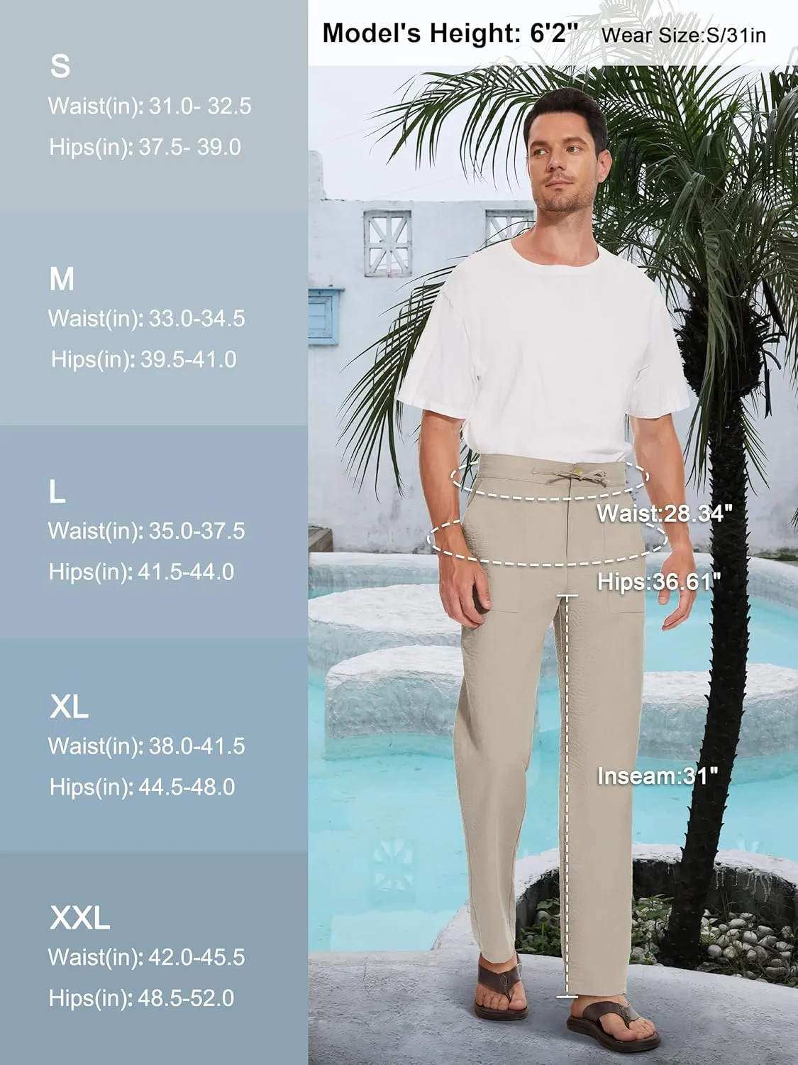 Tall Mens Casual Linen Pants 31/33/35/37 Inseam Summer Beach Slacks Elastic Waist Straight Leg Loose Fit