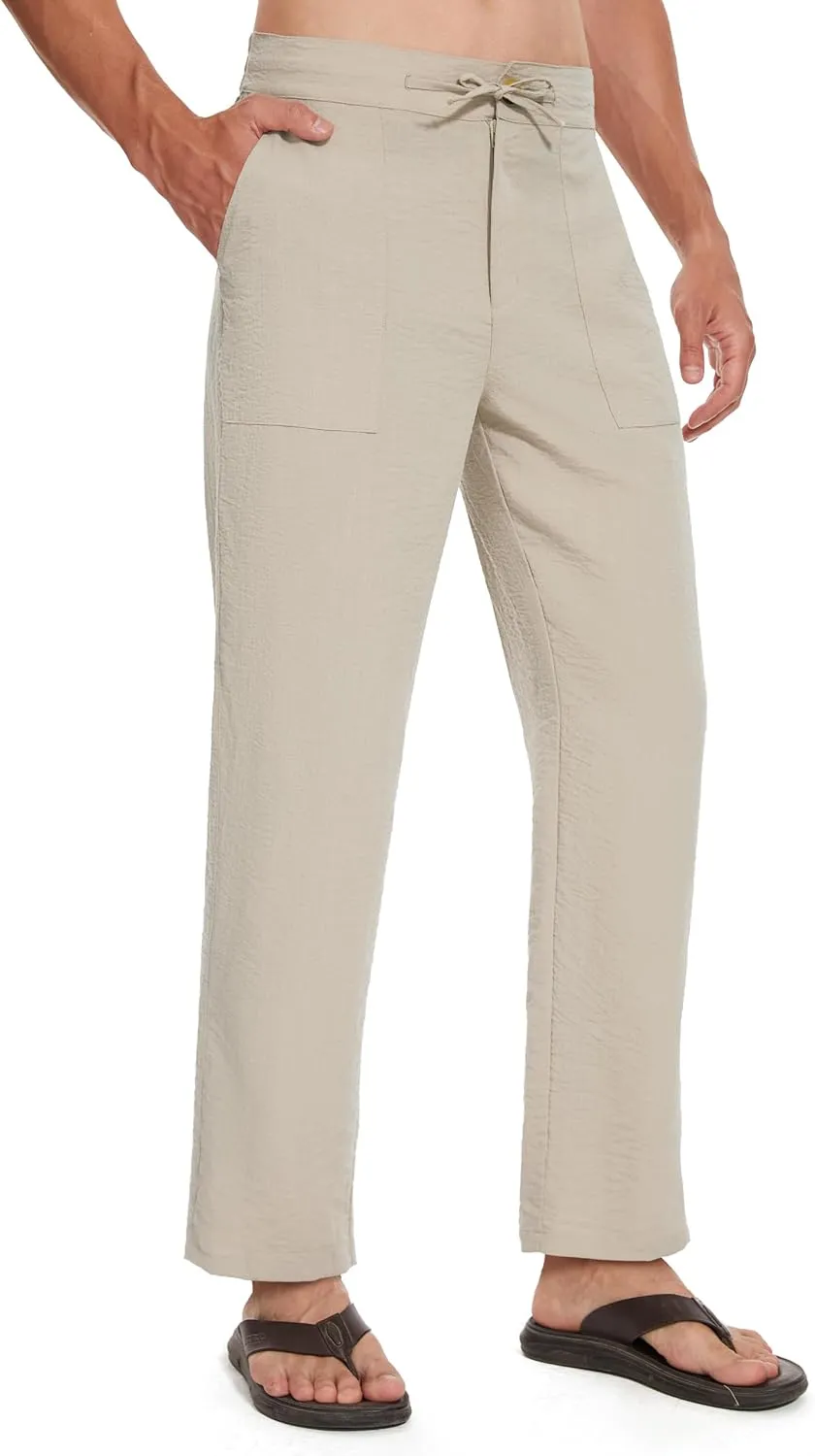 Tall Mens Casual Linen Pants 31/33/35/37 Inseam Summer Beach Slacks Elastic Waist Straight Leg Loose Fit
