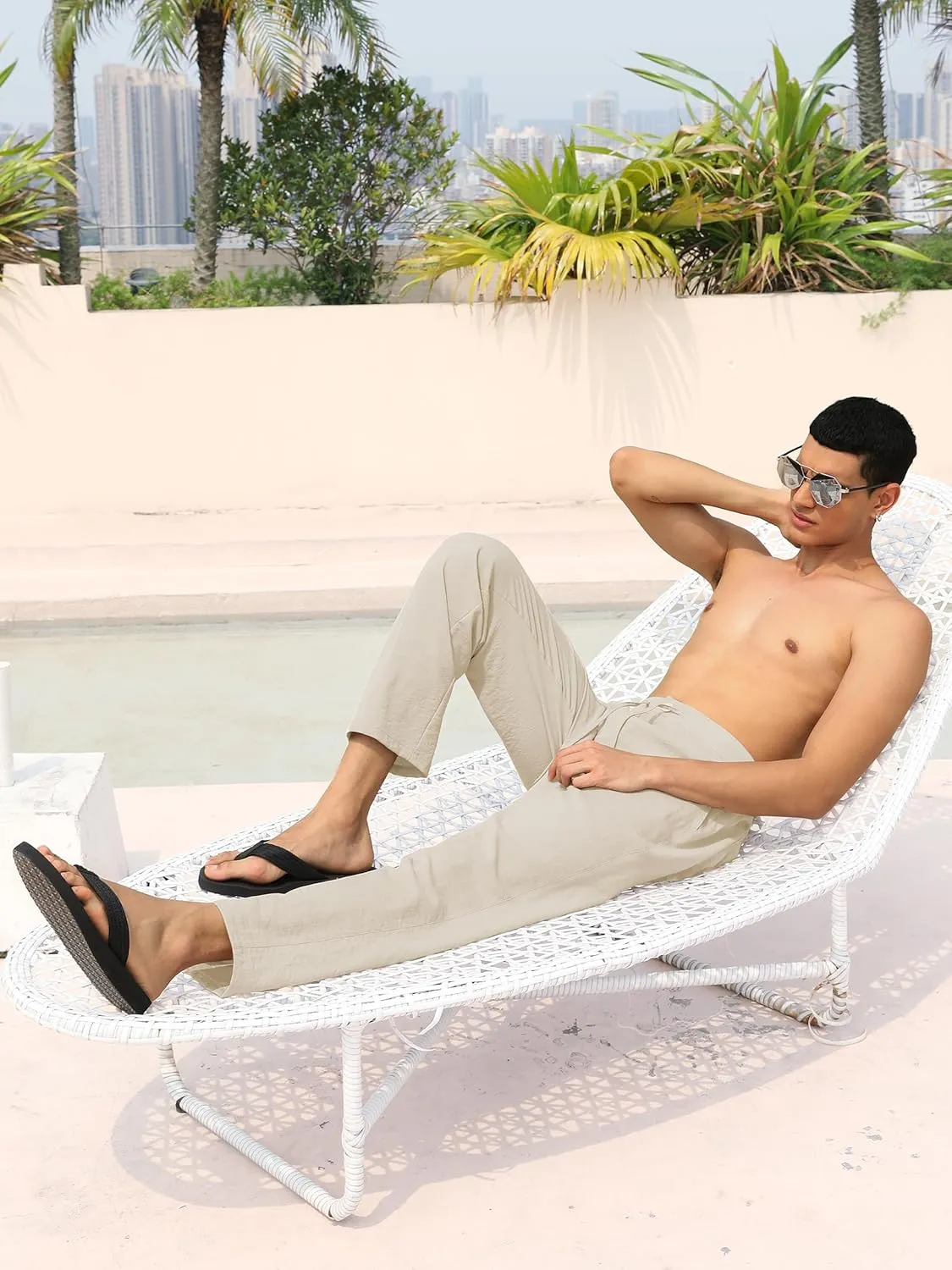 Tall Mens Casual Linen Pants 31/33/35/37 Inseam Summer Beach Slacks Elastic Waist Straight Leg Loose Fit