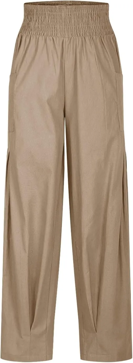 TANGNADE Womens Linen Pants with Pockets Summer Loose Elastic High Waisted Comfy Summer Trousers Baggy Pant
