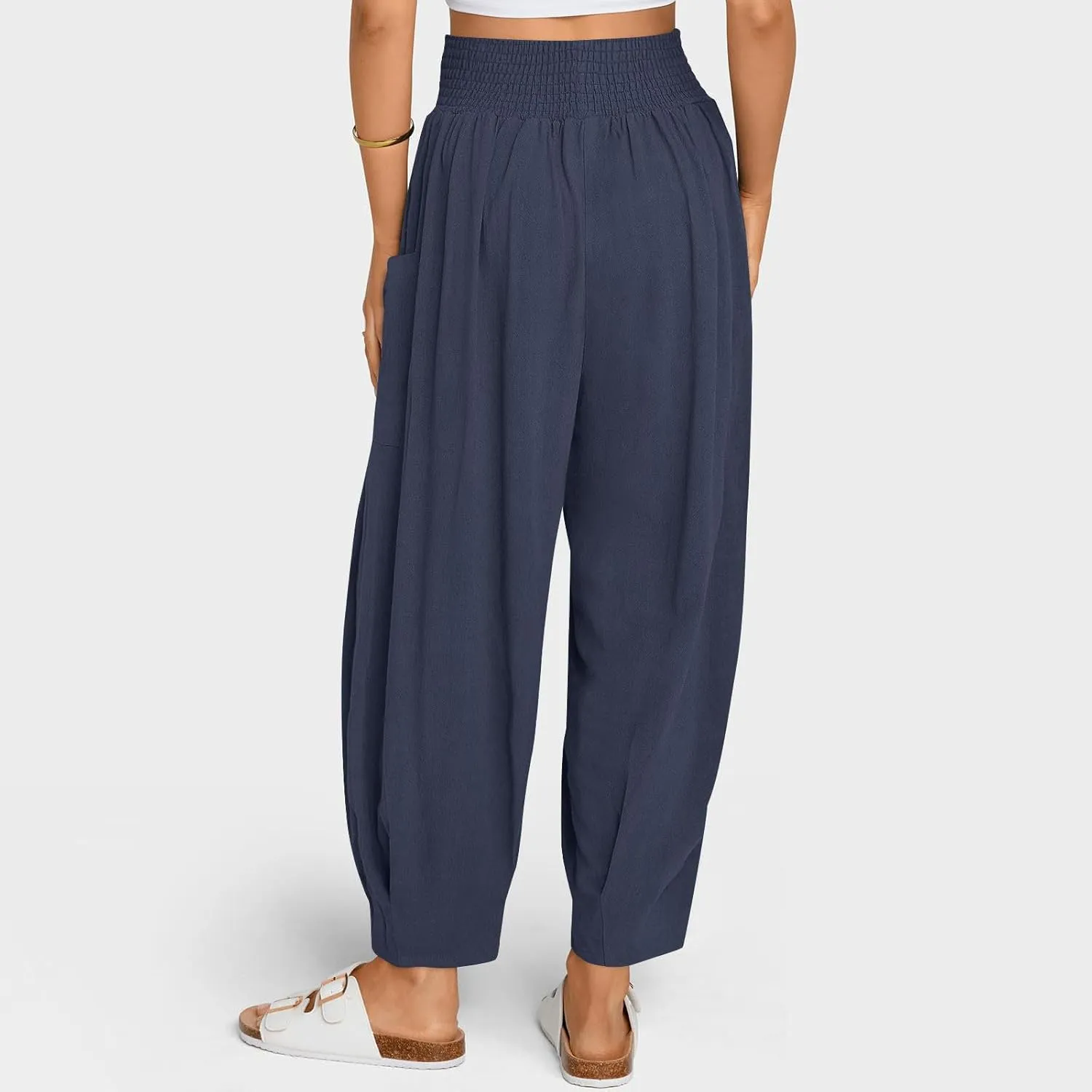 TANGNADE Womens Linen Pants with Pockets Summer Loose Elastic High Waisted Comfy Summer Trousers Baggy Pant