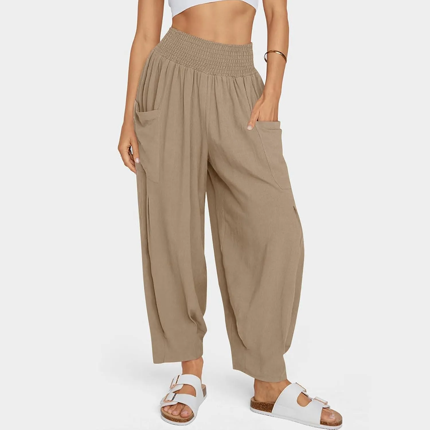 TANGNADE Womens Linen Pants with Pockets Summer Loose Elastic High Waisted Comfy Summer Trousers Baggy Pant