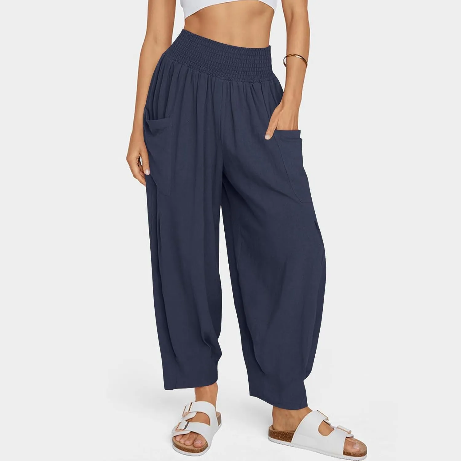 TANGNADE Womens Linen Pants with Pockets Summer Loose Elastic High Waisted Comfy Summer Trousers Baggy Pant