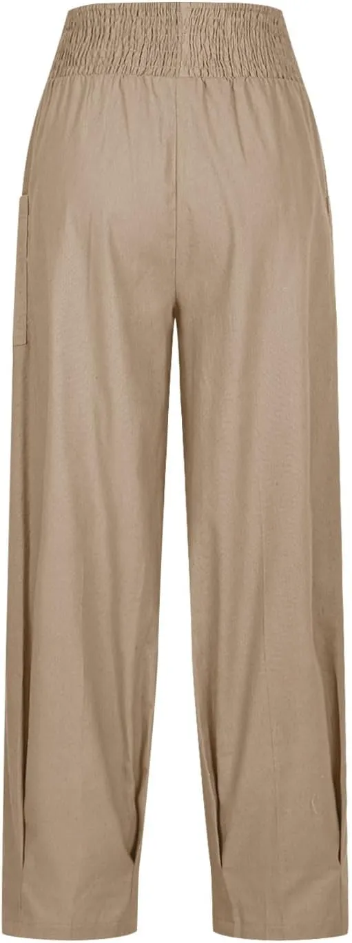 TANGNADE Womens Linen Pants with Pockets Summer Loose Elastic High Waisted Comfy Summer Trousers Baggy Pant