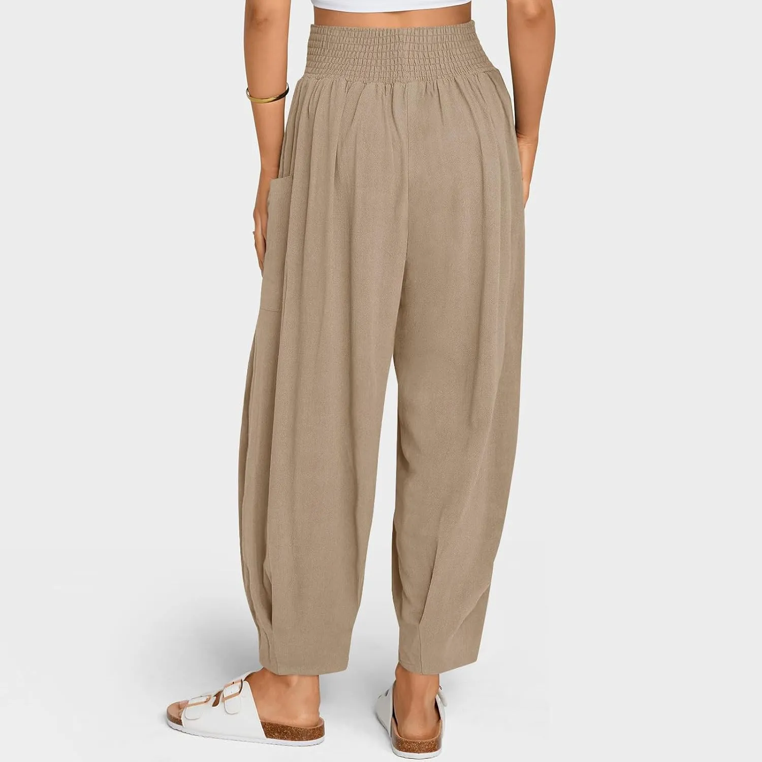 TANGNADE Womens Linen Pants with Pockets Summer Loose Elastic High Waisted Comfy Summer Trousers Baggy Pant