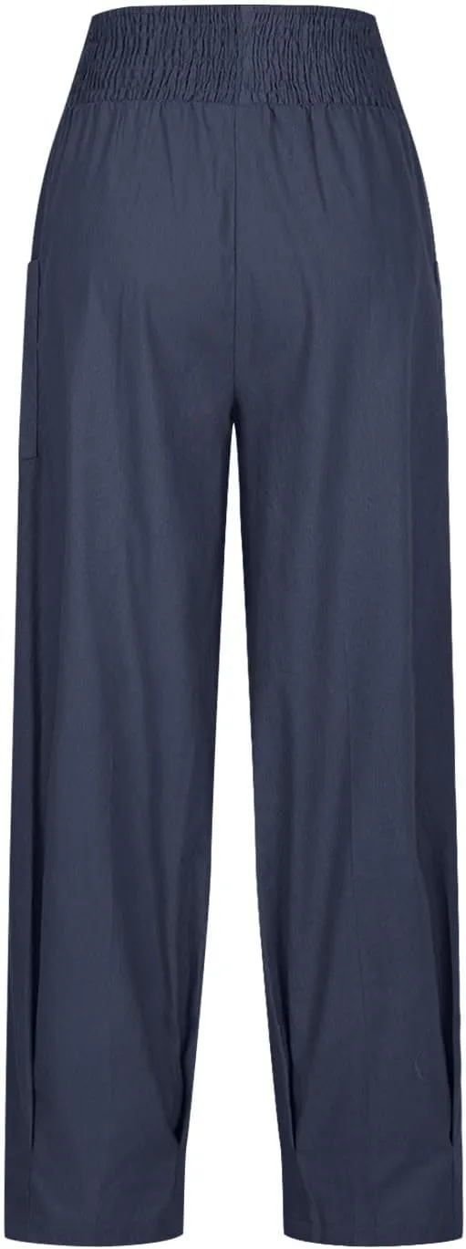 TANGNADE Womens Linen Pants with Pockets Summer Loose Elastic High Waisted Comfy Summer Trousers Baggy Pant