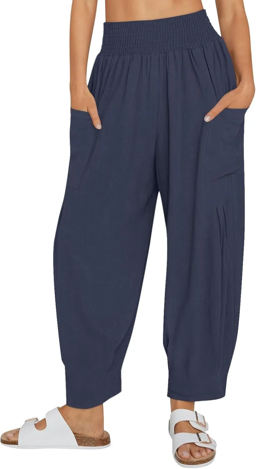 TANGNADE Womens Linen Pants with Pockets Summer Loose Elastic High Waisted Comfy Summer Trousers Baggy Pant