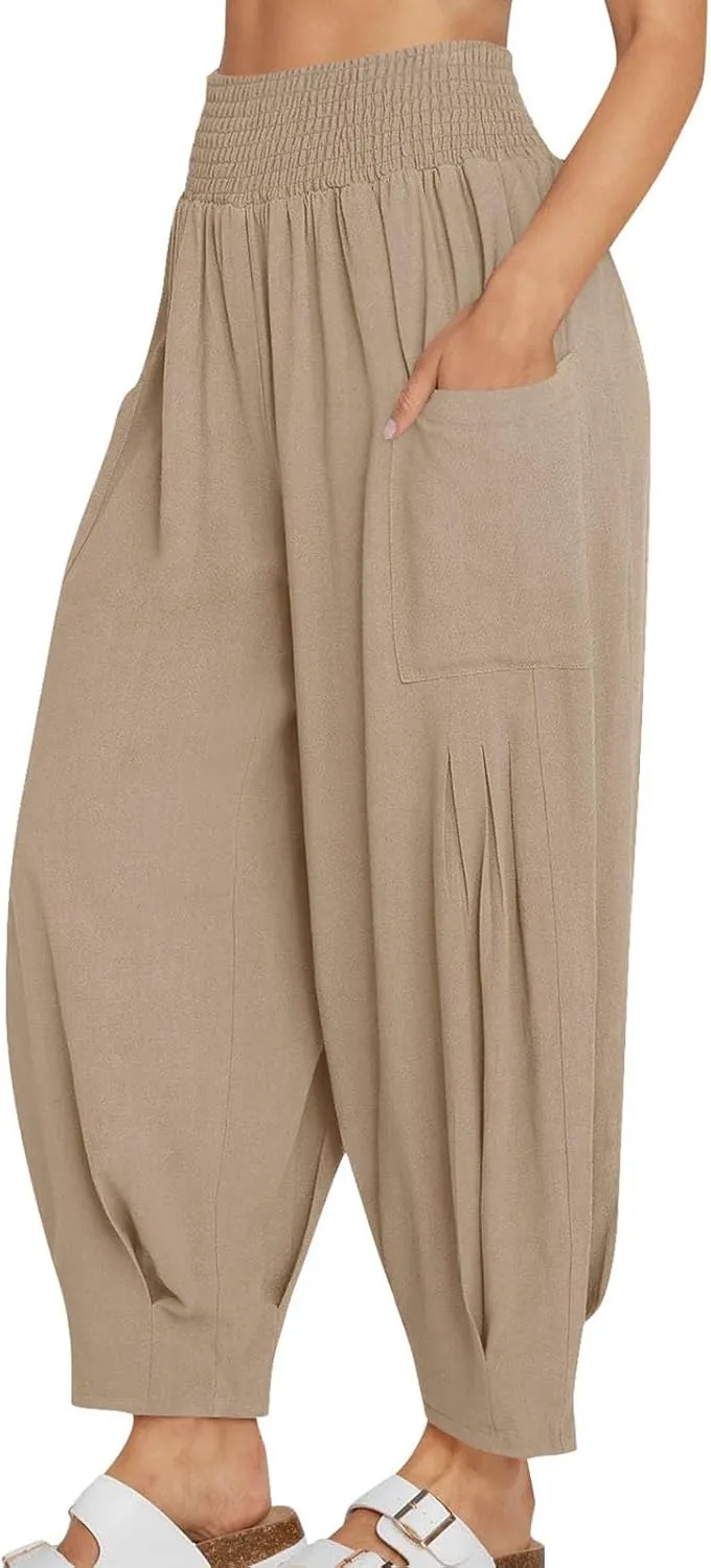 TANGNADE Womens Linen Pants with Pockets Summer Loose Elastic High Waisted Comfy Summer Trousers Baggy Pant