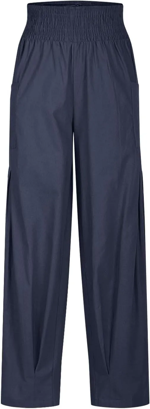TANGNADE Womens Linen Pants with Pockets Summer Loose Elastic High Waisted Comfy Summer Trousers Baggy Pant