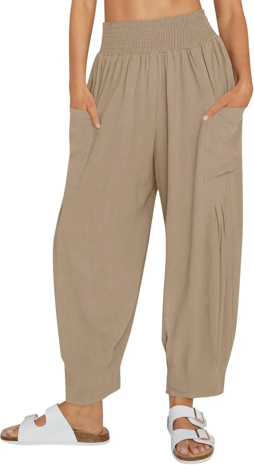 TANGNADE Womens Linen Pants with Pockets Summer Loose Elastic High Waisted Comfy Summer Trousers Baggy Pant