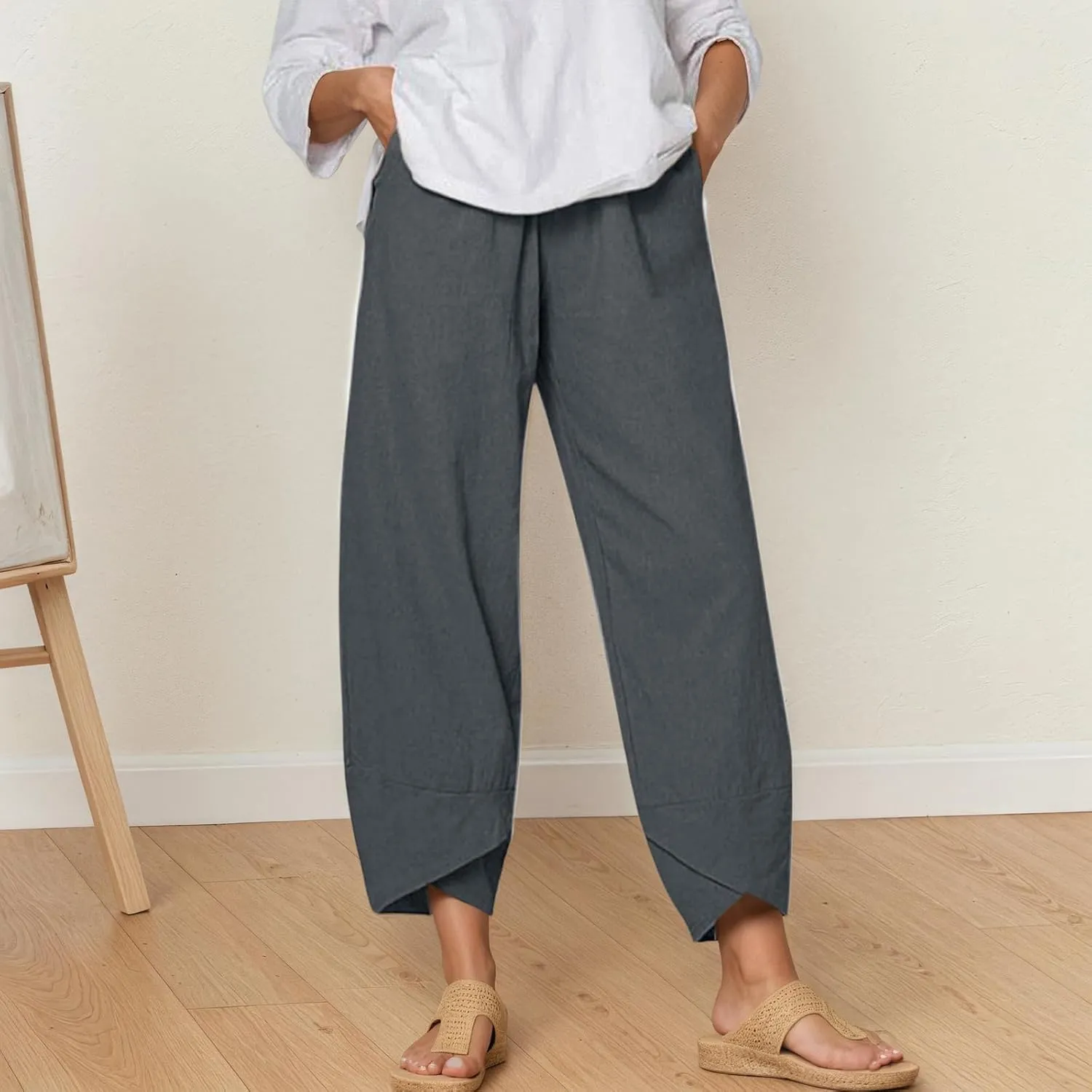 TIAFORD Women's Cotton Linen Capri Pants Casual Elastic Waist Baggy Trousers Comfy Wide Leg Beach Lounge Cropped Pants
