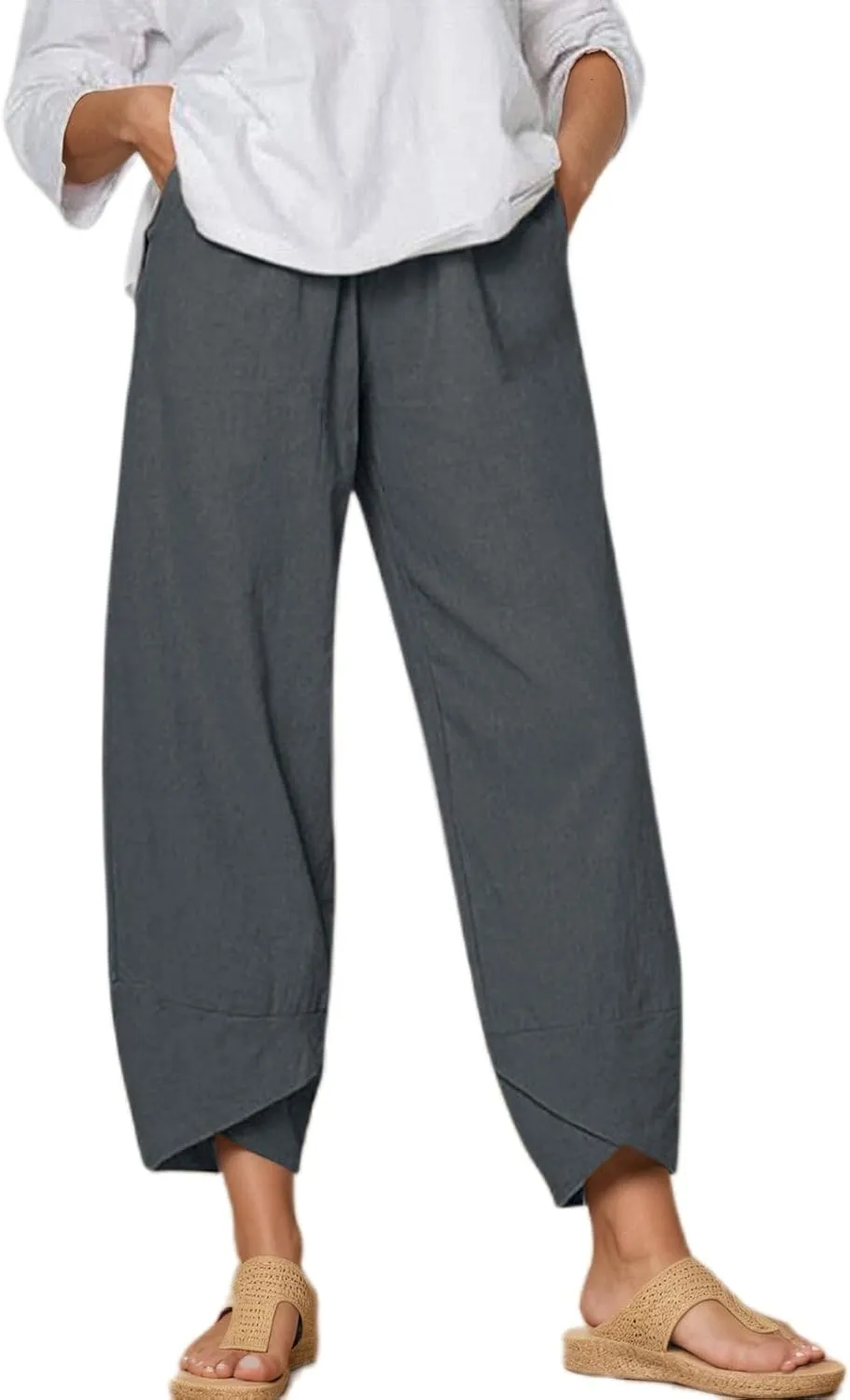 TIAFORD Women's Cotton Linen Capri Pants Casual Elastic Waist Baggy Trousers Comfy Wide Leg Beach Lounge Cropped Pants
