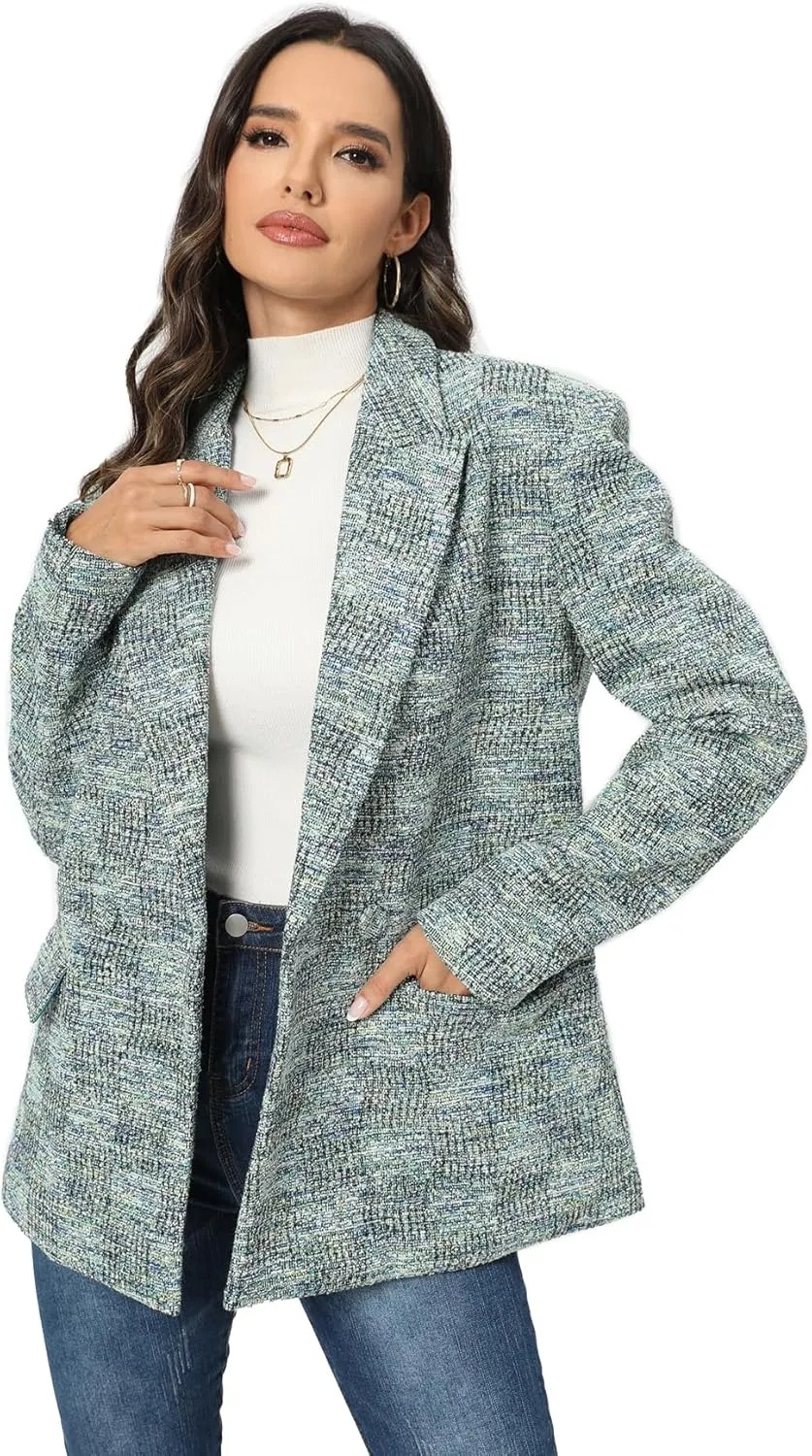 TRNY Tweed Plaid Blazer Coat for Women - Oversized Double-Breasted Suit Jacket Casual Work Office Blazer with Pockets