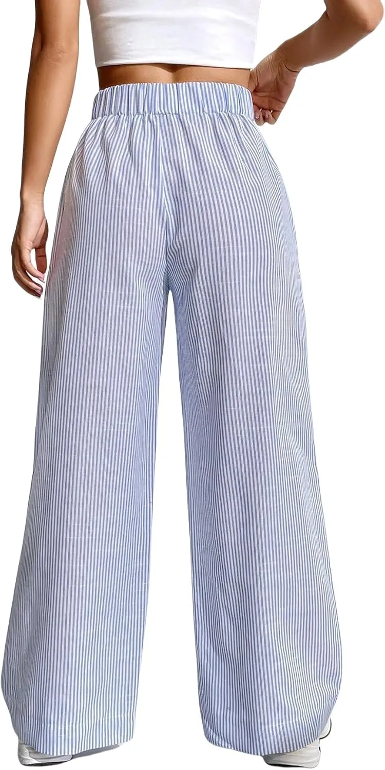 Women Palazzo Pants Casual Elastic High Waisted Wide Leg Pants Trendy Solid Color Striped Print Straight Leg Trouser