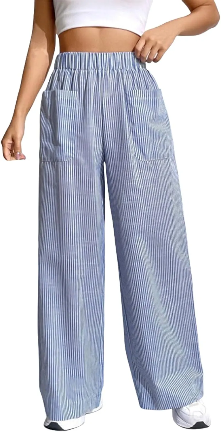 Women Palazzo Pants Casual Elastic High Waisted Wide Leg Pants Trendy Solid Color Striped Print Straight Leg Trouser