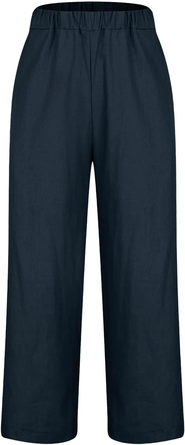 Women Travel Casual Trousers Summer Cotton Linen Basic Straight Leg Pants Elastic High Waist Loose Beach Pant with Pockets