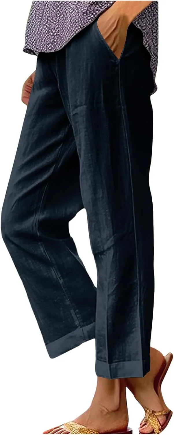 Women Travel Casual Trousers Summer Cotton Linen Basic Straight Leg Pants Elastic High Waist Loose Beach Pant with Pockets