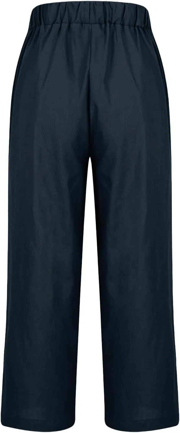 Women Travel Casual Trousers Summer Cotton Linen Basic Straight Leg Pants Elastic High Waist Loose Beach Pant with Pockets
