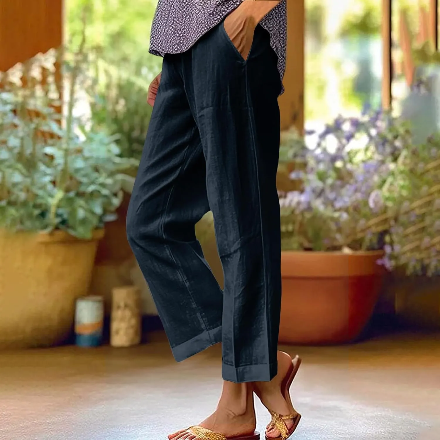 Women Travel Casual Trousers Summer Cotton Linen Basic Straight Leg Pants Elastic High Waist Loose Beach Pant with Pockets