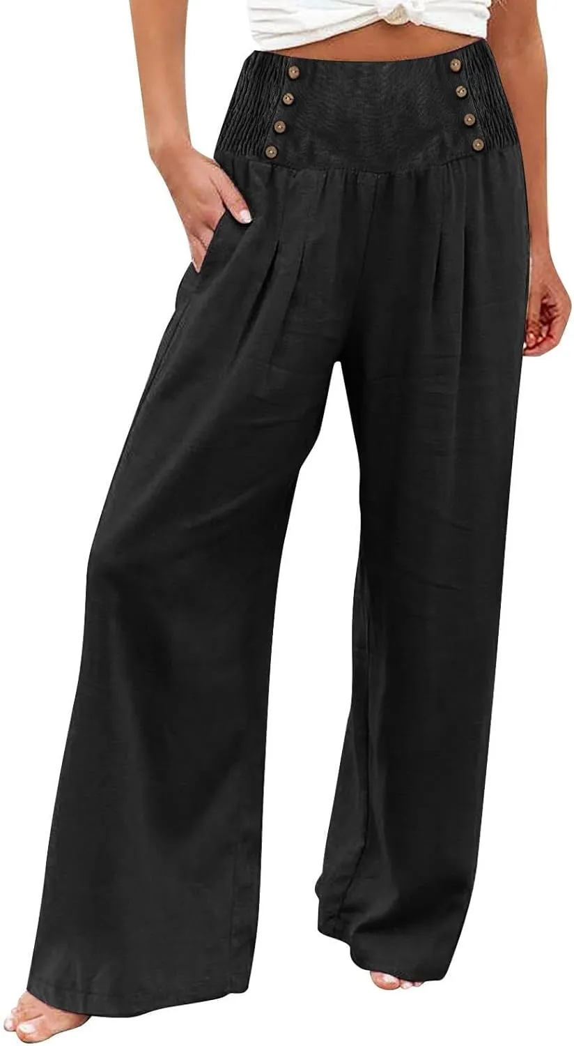 Womens Cotton Linen Summer Pull On Pant Trousers High Waist Wide Leg Plus Size Palazzo Pants Office