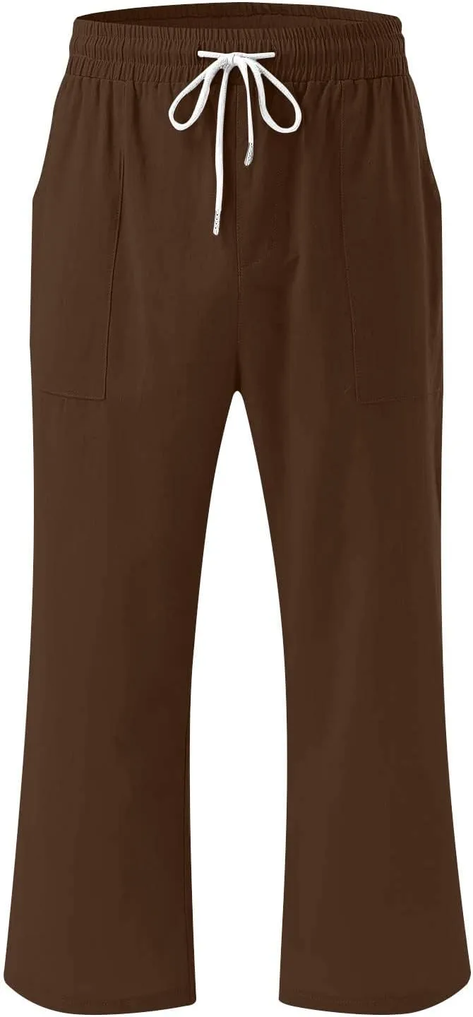Womens Cotton Linen Summer Pull On Pant Trousers High Waist Wide Leg Plus Size Palazzo Pants Office