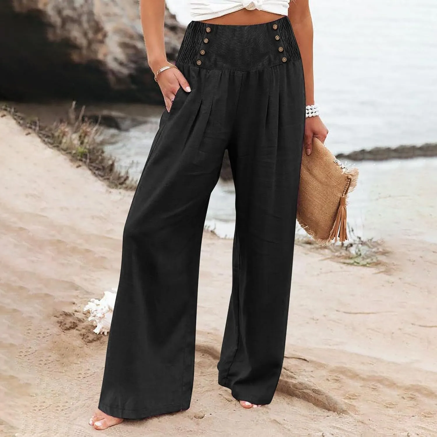 Womens Cotton Linen Summer Pull On Pant Trousers High Waist Wide Leg Plus Size Palazzo Pants Office