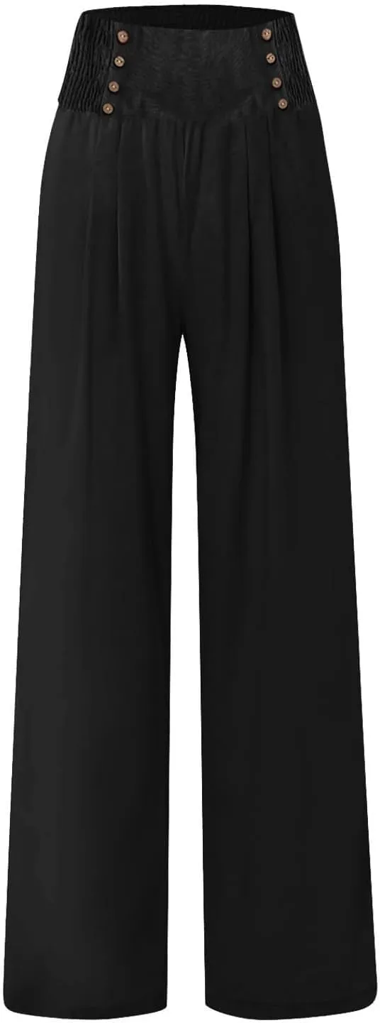 Womens Cotton Linen Summer Pull On Pant Trousers High Waist Wide Leg Plus Size Palazzo Pants Office