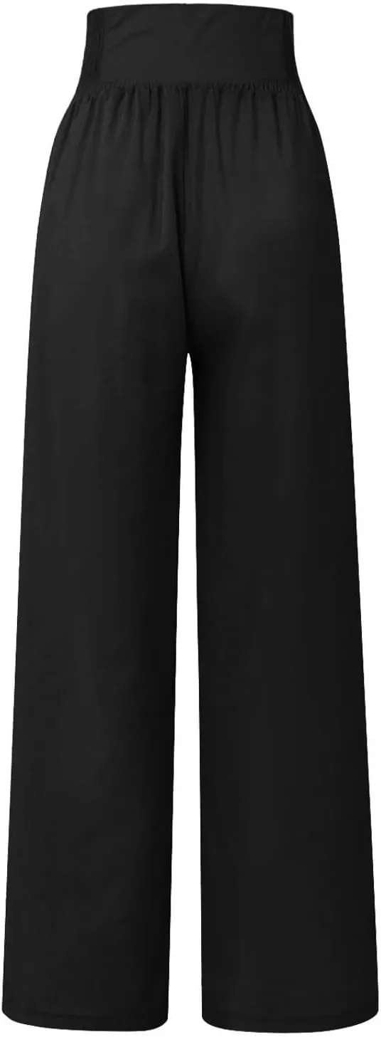 Womens Cotton Linen Summer Pull On Pant Trousers High Waist Wide Leg Plus Size Palazzo Pants Office