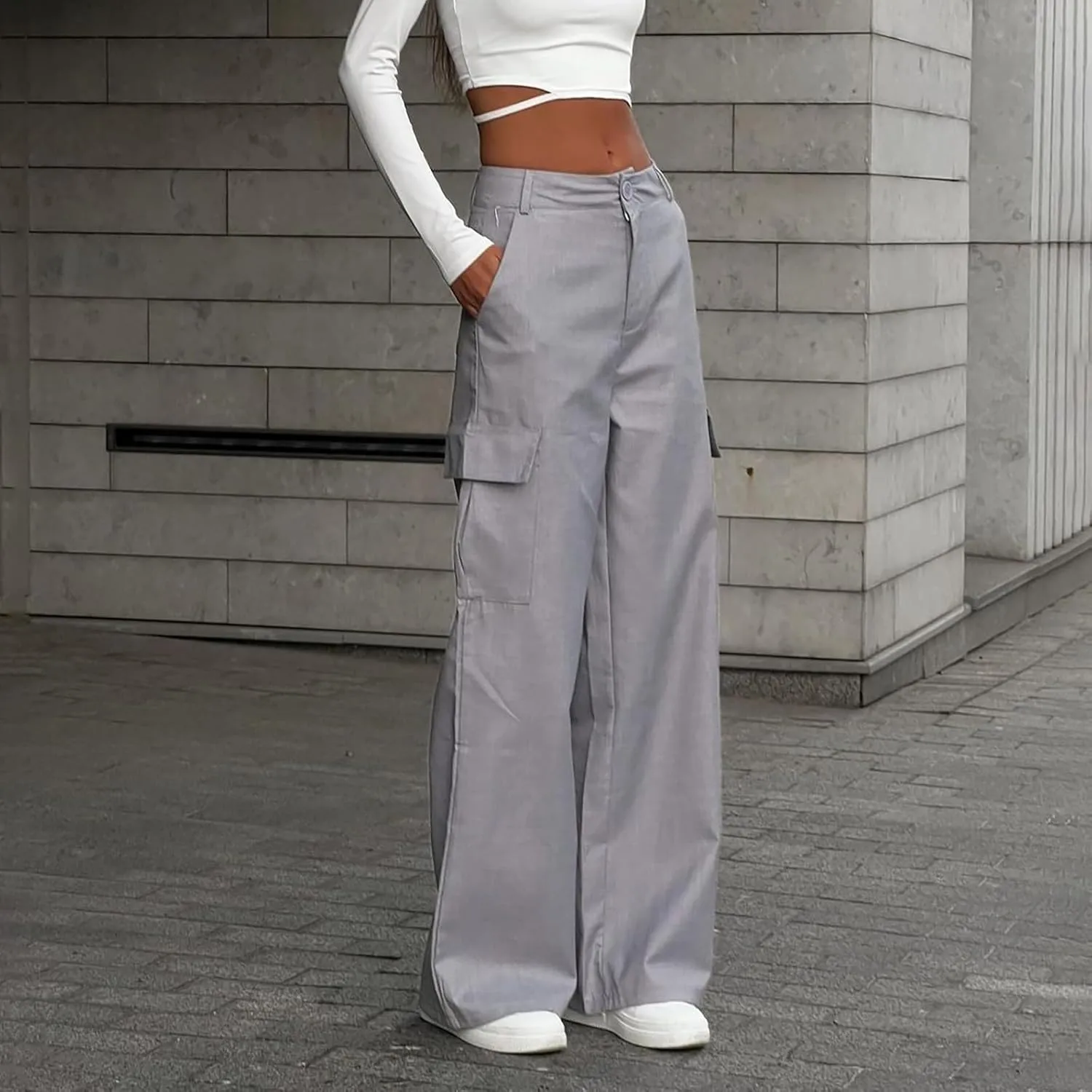 Women's Drawstring High Waist Cargo Pants Straight Leg Trousers Baggy Pants with Pockets Sweatpants Parachute Slacks