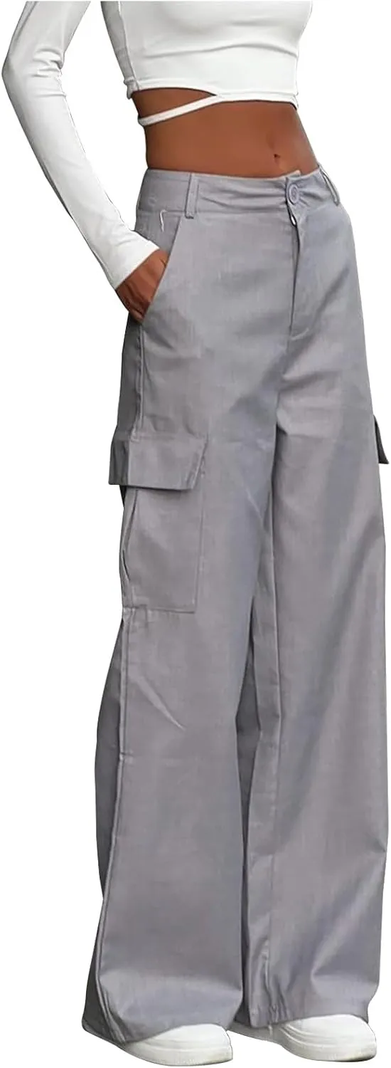 Women's Drawstring High Waist Cargo Pants Straight Leg Trousers Baggy Pants with Pockets Sweatpants Parachute Slacks