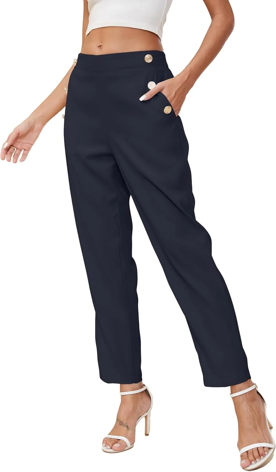 Women's Elastic High Waist Business Slacks for Work Trousers Pants Straight Leg with Pockets