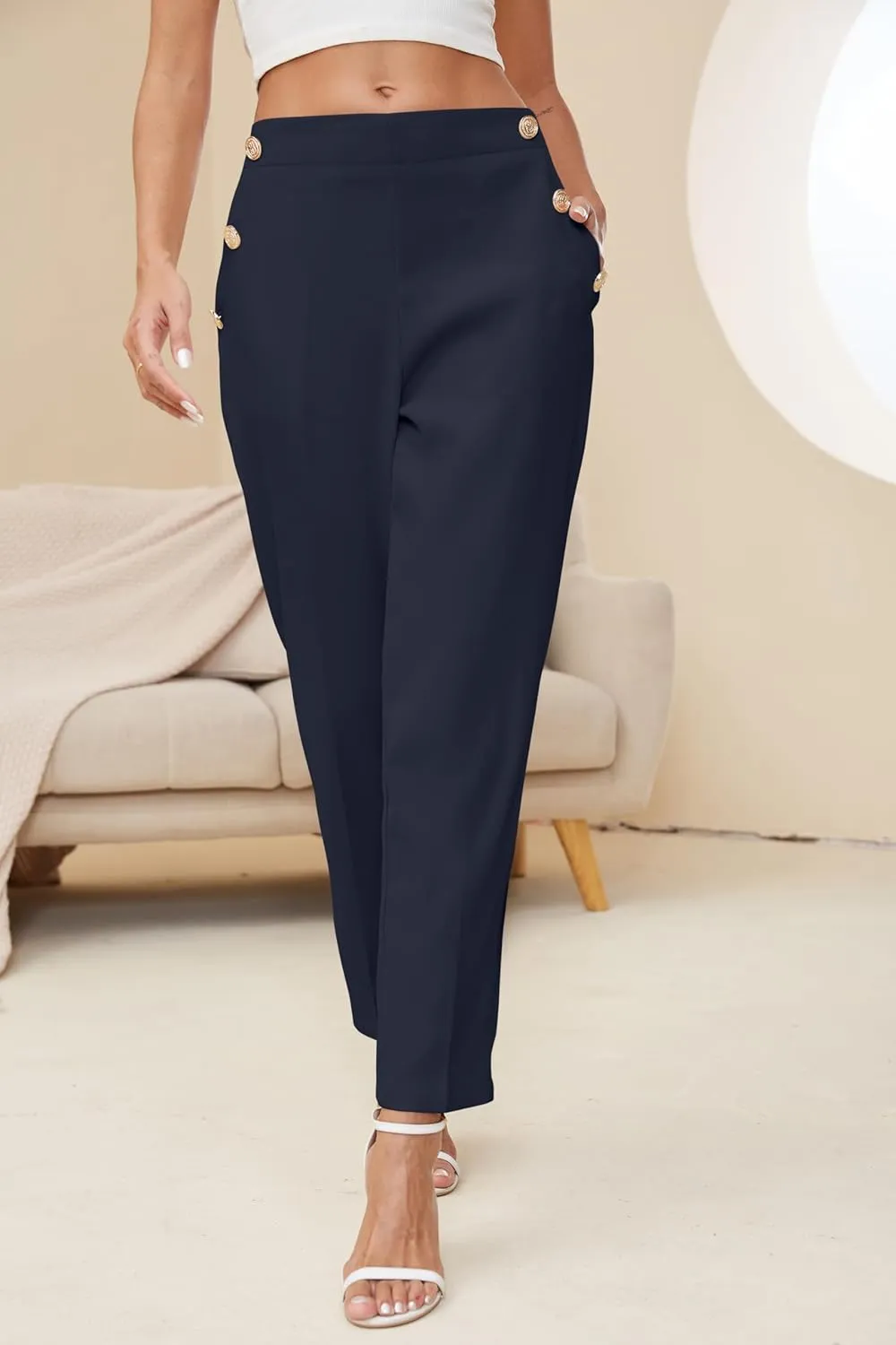 Women's Elastic High Waist Business Slacks for Work Trousers Pants Straight Leg with Pockets