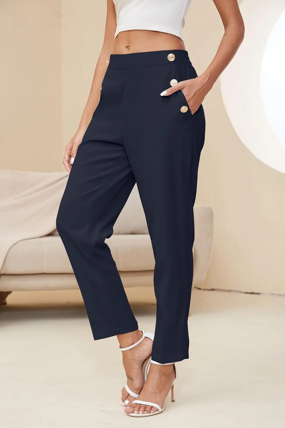 Women's Elastic High Waist Business Slacks for Work Trousers Pants Straight Leg with Pockets