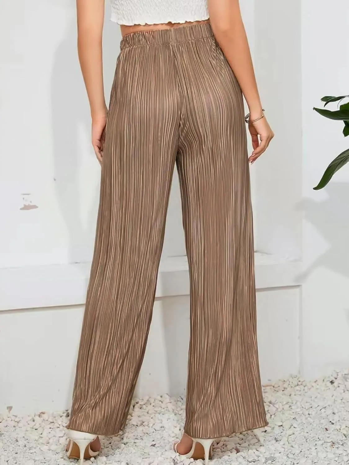 Womens High Waisted Pants Solid Textured Elastic Waist Wide Leg Palazzo Pants Casual Comfy Trousers