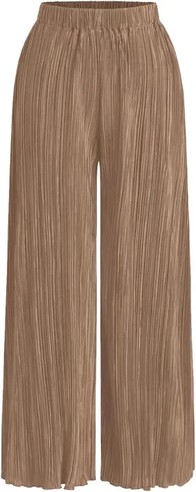 Womens High Waisted Pants Solid Textured Elastic Waist Wide Leg Palazzo Pants Casual Comfy Trousers