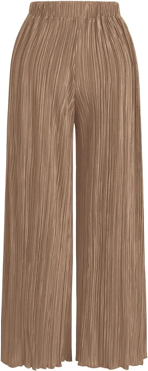 Womens High Waisted Pants Solid Textured Elastic Waist Wide Leg Palazzo Pants Casual Comfy Trousers