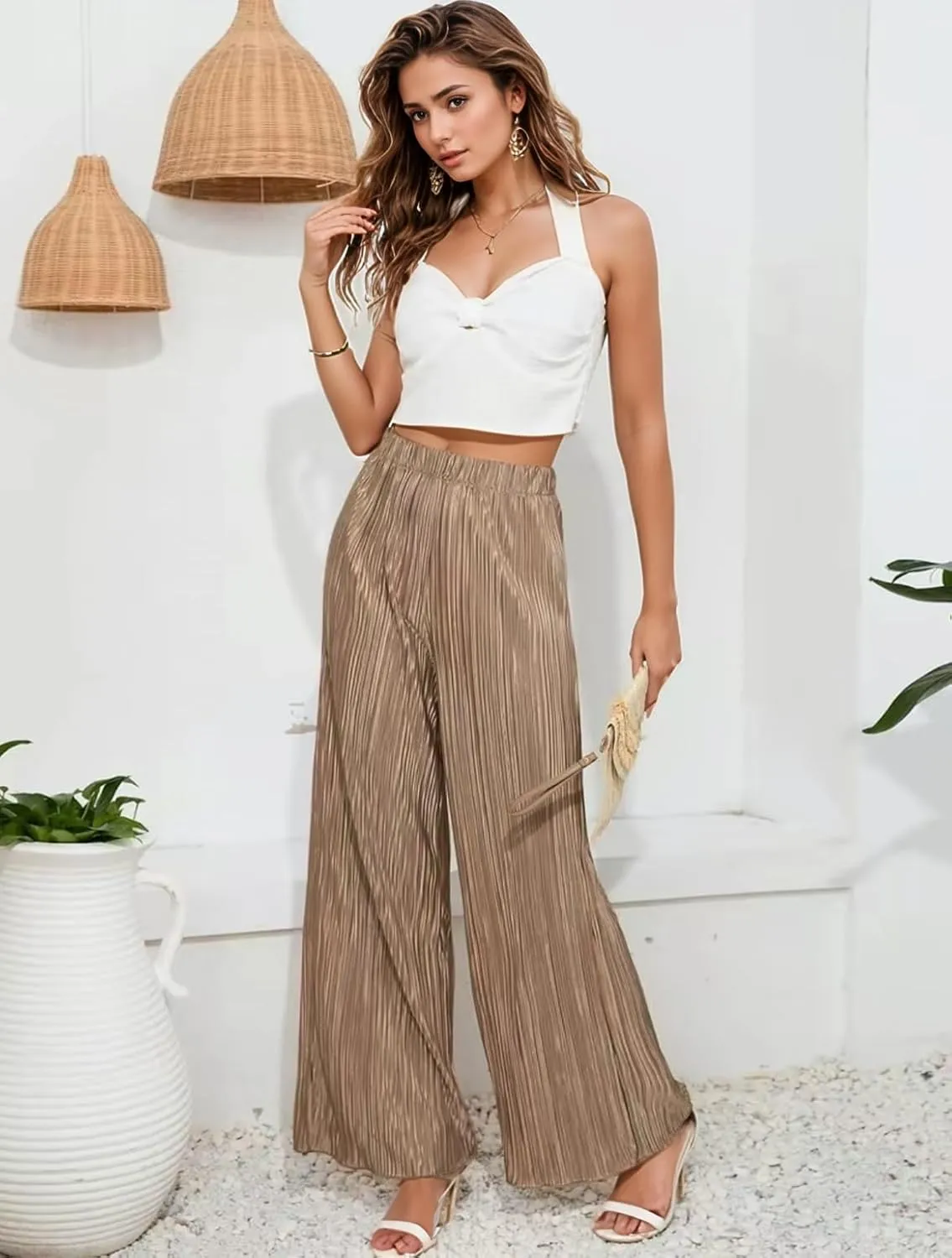 Womens High Waisted Pants Solid Textured Elastic Waist Wide Leg Palazzo Pants Casual Comfy Trousers