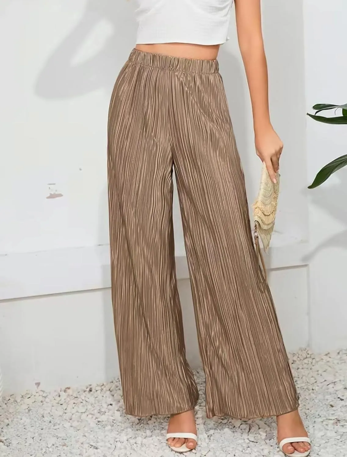 Womens High Waisted Pants Solid Textured Elastic Waist Wide Leg Palazzo Pants Casual Comfy Trousers