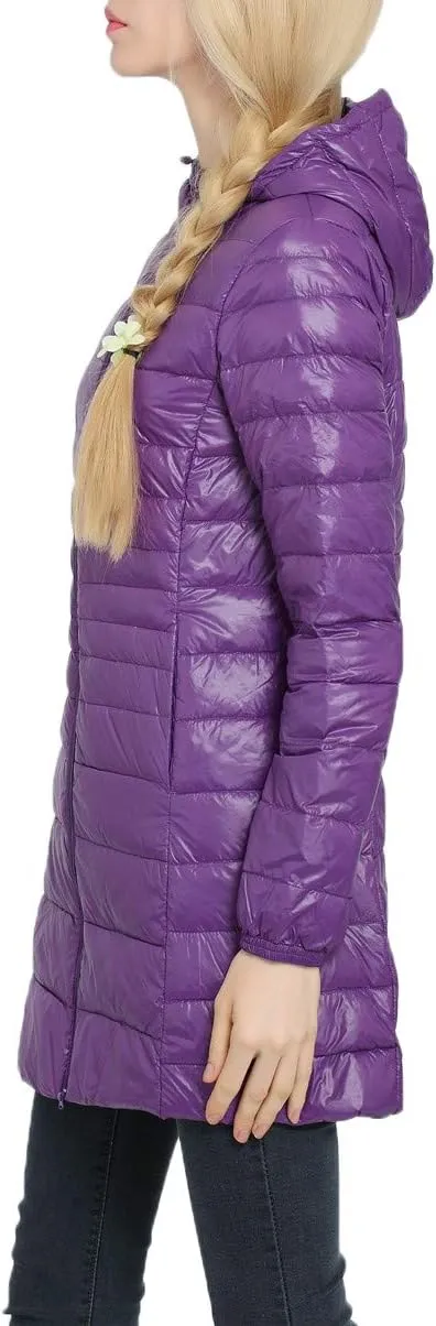 Women's Hooded Ultra Light Weight Coat Packable Outwear Long Puffer Down Jacket