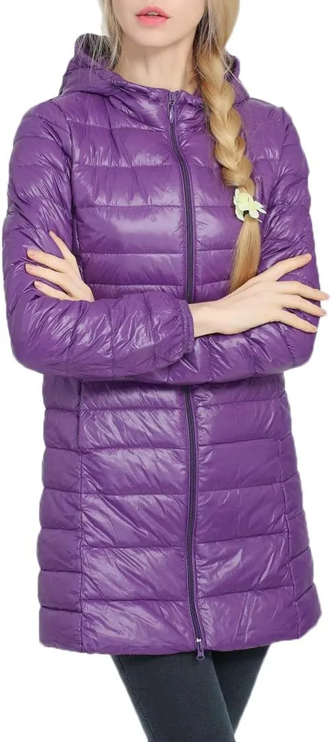 Women's Hooded Ultra Light Weight Coat Packable Outwear Long Puffer Down Jacket
