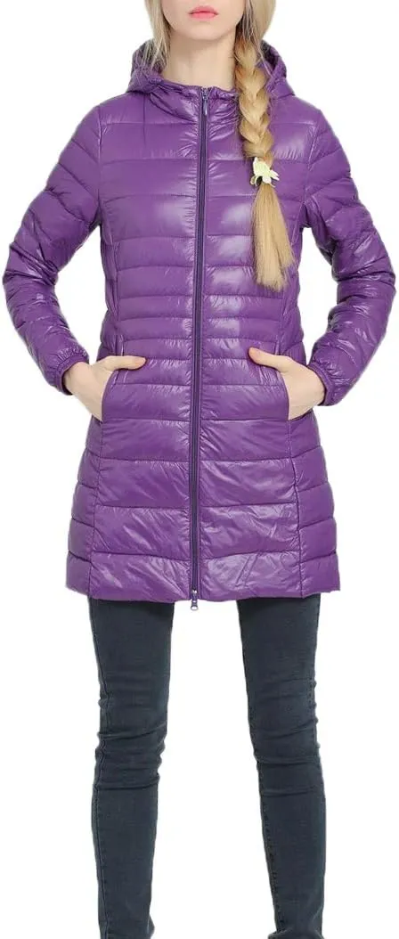 Women's Hooded Ultra Light Weight Coat Packable Outwear Long Puffer Down Jacket
