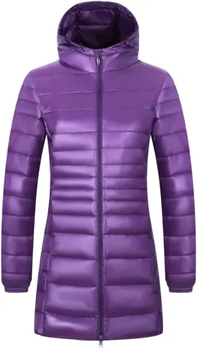 Women's Hooded Ultra Light Weight Coat Packable Outwear Long Puffer Down Jacket