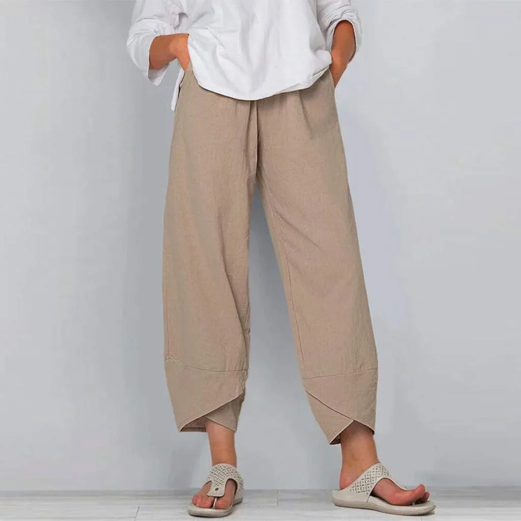 Womens Linen Pants Summer Casual Capri Pants with Pockets Palazzo Cropped Comfy Baggy Trousers High Waisted