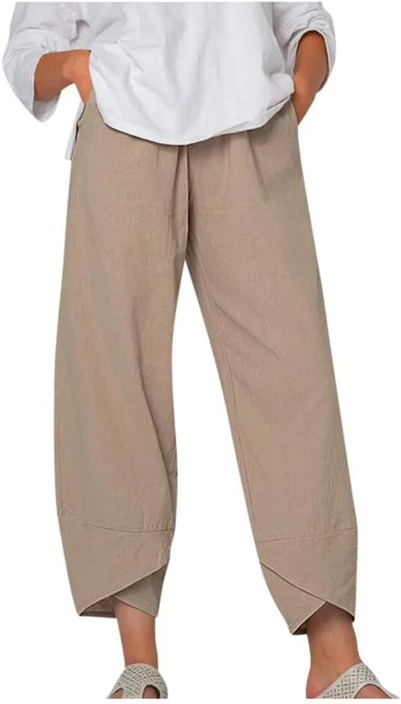 Womens Linen Pants Summer Casual Capri Pants with Pockets Palazzo Cropped Comfy Baggy Trousers High Waisted