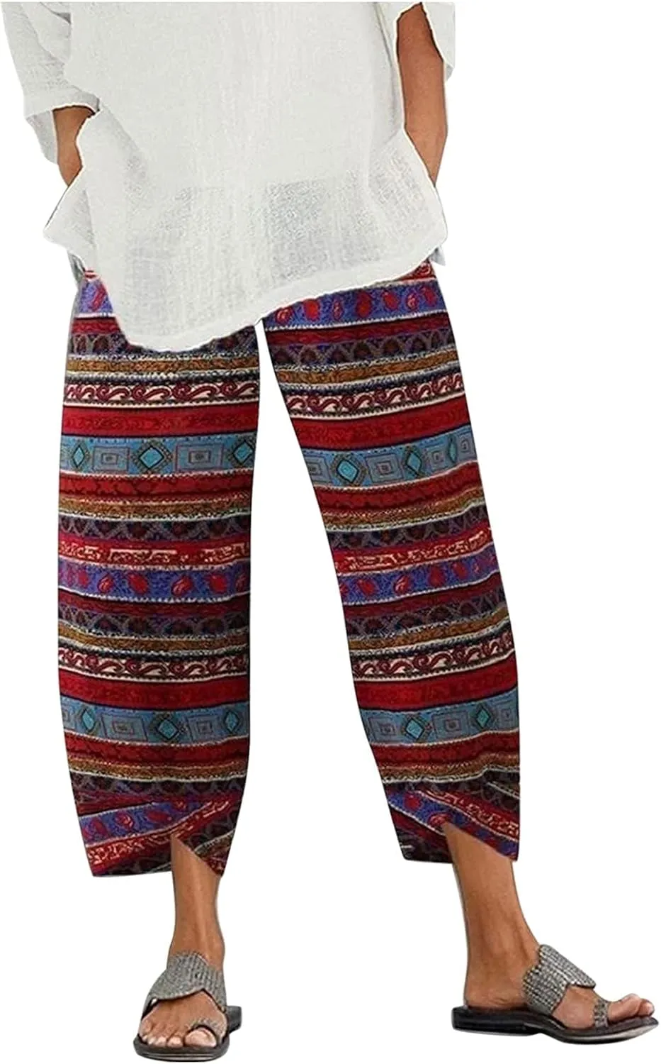 Womens Linen Pants Summer Casual Capri Pants with Pockets Palazzo Cropped Comfy Baggy Trousers High Waisted