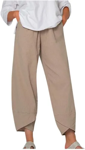 Womens Linen Pants Summer Casual Capri Pants with Pockets Palazzo Cropped Comfy Baggy Trousers High Waisted