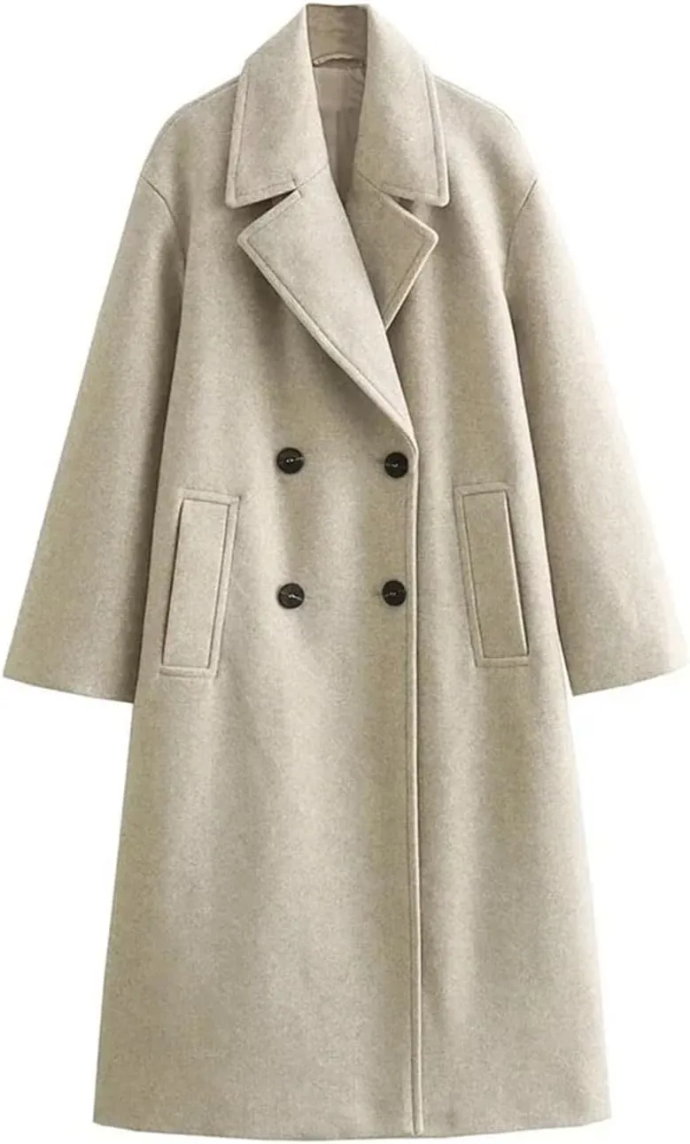 Women's Soft Loose Wool Blend Long Coat Lapel Long Sleeve Welt Pockets Chic Windbreaker