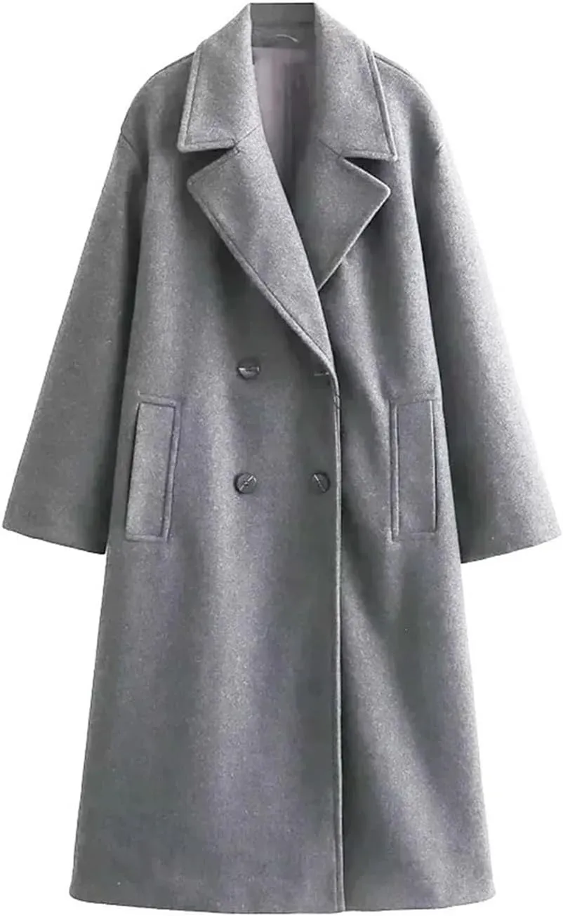 Women's Soft Loose Wool Blend Long Coat Lapel Long Sleeve Welt Pockets Chic Windbreaker